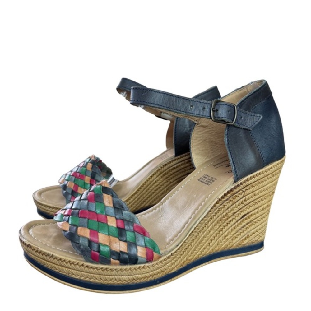 Solei Artesanal Womens Sz 9 Multi Color Woven Leather Wedge Sandals Navy Blue